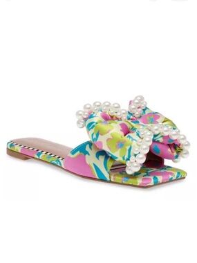 Betsey Johnson Pink Blue Green Floral Pearl Bow Slide Sandals! Too small for me!